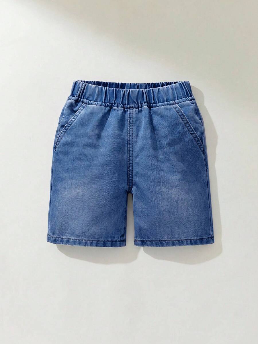 SHEIN Young Boy Elastic Waist Denim Shorts, Casual Washed Jeans - Medium Wash - View 1
