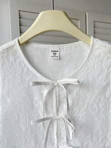 SHEIN Tween女孩休閒可愛日常度假紋理蝴蝶結前襟襯衫 白色夏季派對上衣 - 白色 - 查看 5