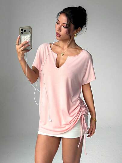Easithlete Women's Fashionable Casual Elegant Outdoor Fitness Running Short Sleeve Loose Asymmetric Drawstring Design Yoga Sports Top, Summer