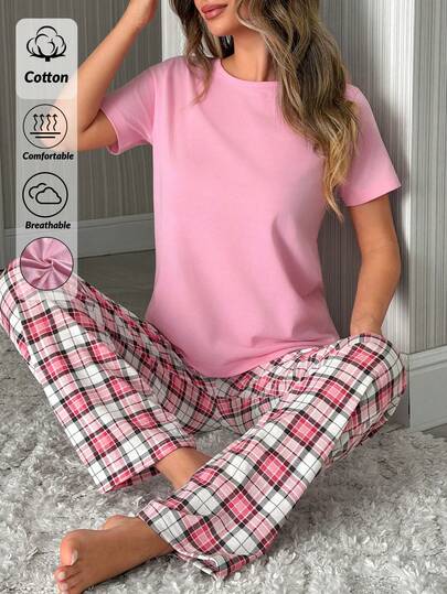 SHEIN Women's 2 Pieces Cotton Pajama Set Short Sleeve Round Neck Top Pink Plaid Long Pants Soft Breathable Sleepwear