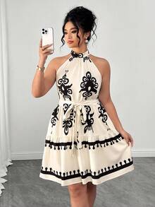 Celure Plus Size Women Floral Pattern Ruffle Hem Halter Neck Dress - Multicolor - View 1