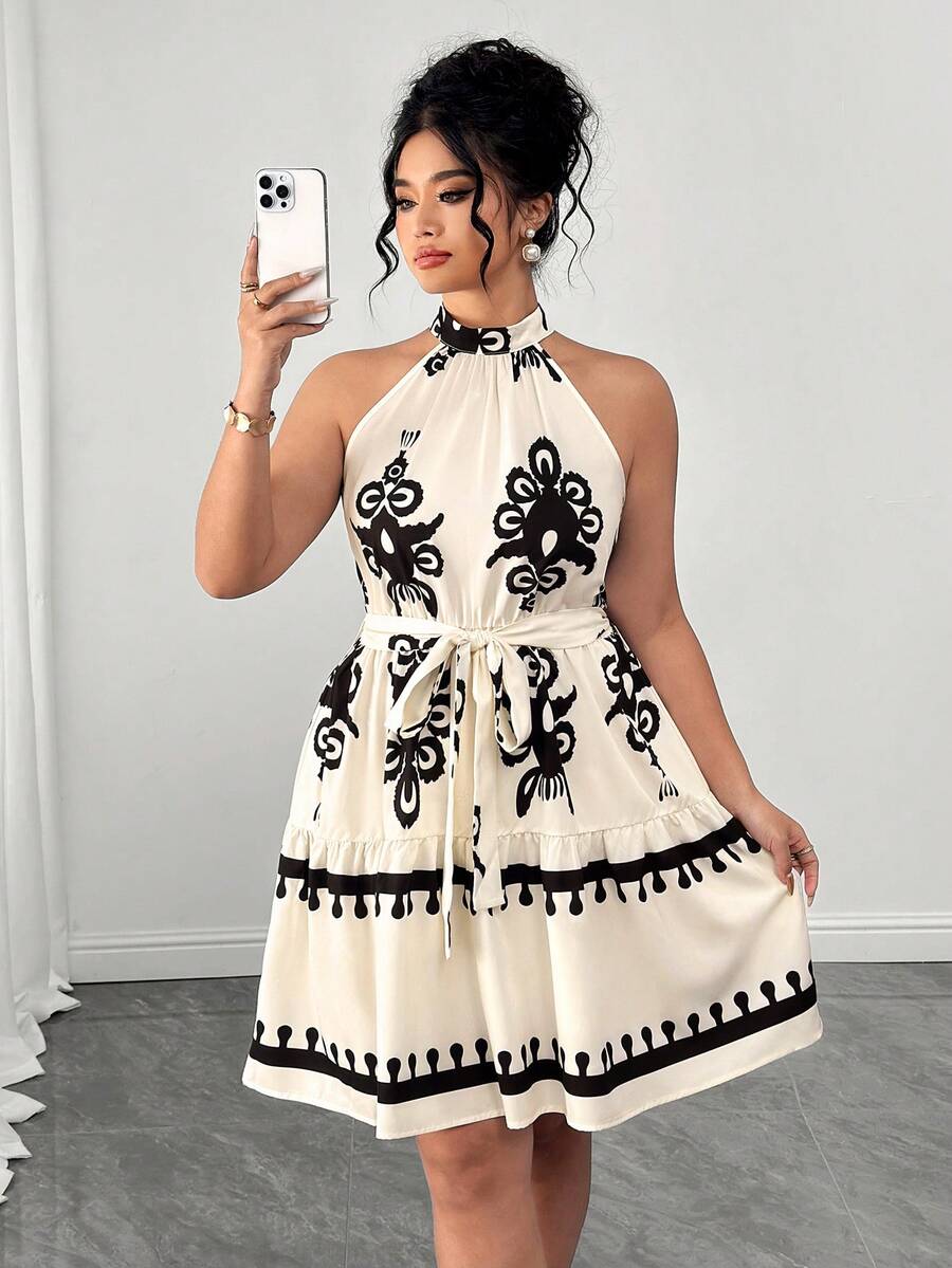 Celure Plus Size Women Floral Pattern Ruffle Hem Halter Neck Dress - Multicolor - View 1
