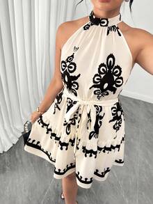 Celure Plus Size Women Floral Pattern Ruffle Hem Halter Neck Dress - Multicolor - View 8