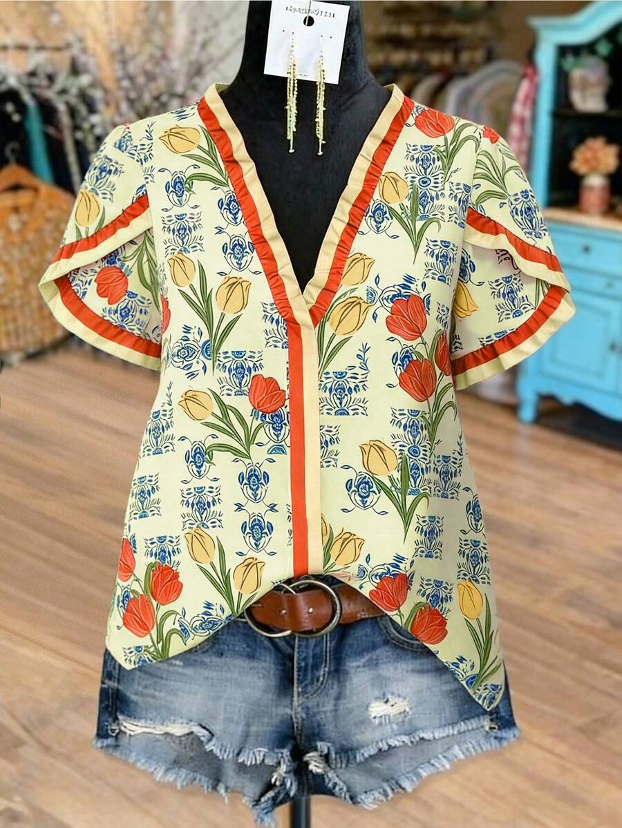 Linhara Plus Size Women V-Neck Floral Print Casual Boho Versatile Daily Wear Shirt Vacation Yellow Summer - Yellow - View 1