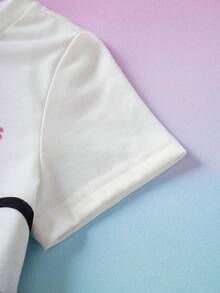 THE POWERPUFF GIRLS X SHEIN 2件套女婴字母印花撞色圆领短袖T恤和休闲短裤套装， - 白色 - 查看 5