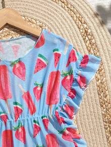 SHEIN Young Girl Watermelon Print Ruffle Hem Cover Up Dress - Blue - View 3