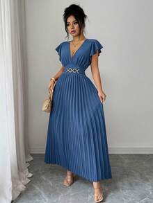 Elenzga New V-Neck Ruffle Sleeve Woven Solid Color Metal Decor Button Pleated Design Elegant Young Party Holiday Dinner Cocktail Maxi Dress For Women - Blue - View 4