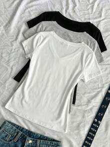 3 piezas Camisetas ajustadas de cuello en V de verano para mujer, camisetas básicas de manga corta de ajuste ceñido de unicolor con estilo subcultura punk anime - Multicolor 9 - Ver 10