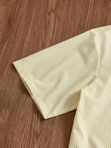 ESTAVOR Men's Embroidered Striped Print Button-Front Casual Short Sleeve Shirt - Yellow - View 6
