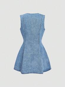 SHEIN Tall Tall Women's Sleeveless Button Front Denim Mini Dress, Casual Everyday Autumn Streetwear Dresses For Women Vacation Dress Date Aqua Blue - Light Wash - View 2