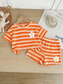 SHEIN LMoss Kids 2件套女婴针织条纹圆领T恤和短裤套装 - 橘色 - 查看 4