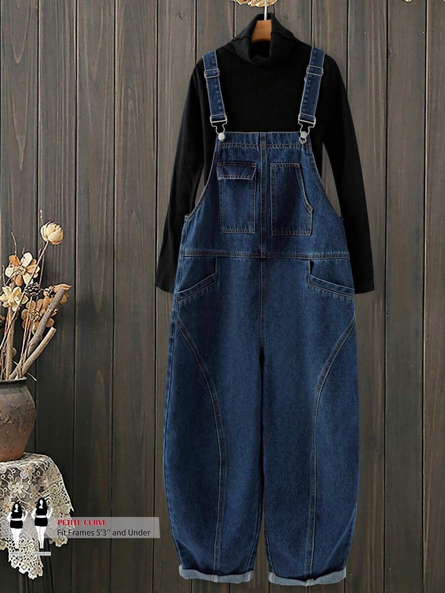 SHEIN PETITE CURVE 大码女式可调节肩带牛仔背带裤,多口袋设计,休闲日常及夏季街头风女式背带裤 - 深色水洗藍 - 查看 1