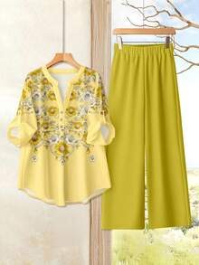 Rusticease Casual Minimalist Style Faux Pearl Floral Embroidered Woven Shirt And Loose Pants 2-Piece Set For Women, Versatile For Spring/Summer - Khaki - View 3