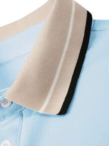 Calvornis Men's Jacquard Collar Embroidered Short Sleeve Casual Polo Shirt, Formal - Baby Blue - View 4