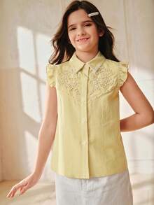 Anewsta Tween Girls' Sweet Cute Solid Color Faux Pearl Ruffle Armhole Blouse, Summer - Yellow - View 4