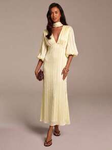 COSMINA Women's Deep V-Neck Ruched Casual Party Dress - Light Yellow - View 5