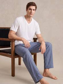 EverLounge 男士休闲条纹家居服套装 - 藍白色 - 查看 1