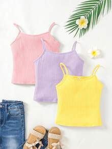 SHEIN 3pcs Tween Girls' Solid Color Knit Camisole Sports Streetwear Set - Multicolor - View 1