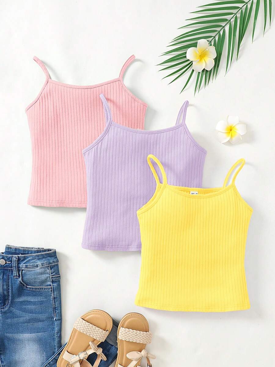 SHEIN 3pcs Tween Girls' Solid Color Knit Camisole Sports Streetwear Set - Multicolor - View 1