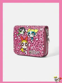 THE POWERPUFF GIRLS X SHEIN Rosarotes Leopardenmuster Polizistin Muster Reißverschluss Geldbörse, Multi-Karten Aufbewahrungstasche, mit Münzbeutel, leichter ID-Clip, geeignet für Frauen/Mädchen, kann als Geschenk für Teenager, Studenten, Lehrer verwendet werden und kann auch als Schul- und Visitenkarten-Tasche verwendet werden - Heißes Pink - Übersicht 2