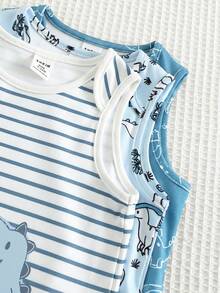 SHEIN 3件/組新生兒中性嬰兒服裝，買1送2，可愛無袖恐龍印花連身褲適合男嬰，基礎恐龍嬰兒套裝，新生兒中性服裝，3件休閒卡通恐龍印花連身褲套裝適用於生日派對、晚會、表演、婚禮、滿月慶祝、洗禮和首週年嬰兒派對 - 彩色 - 查看 5