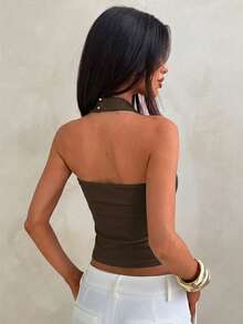 Aloruh Women's Casual Solid Color Backless Halter Top, Summer - Coffee Brown - View 2