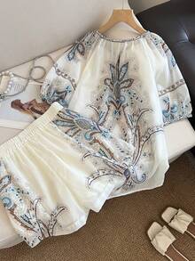 Franclia Women's Casual Fashion Plant Print Shirt And Loose Shorts Set - Multicolor - View 2