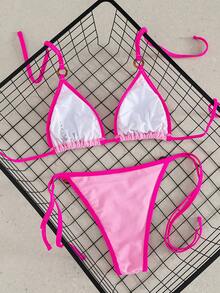 Swim Vcay 女款夏季海灘掛脖綁帶性感比基尼泳衣套裝 - 粉色 - 查看 2