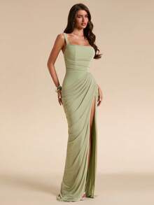 SHEIN BAE Sage Green Women's Ruched Bandeau Fitted High Slit Dress, Tight Elegant Flowing Suitable For Vacation, Beach, Bridesmaid, Wedding, Spring/Summer - Green - View 6