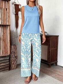 Breezaya Women's Casual Solid Color Tank Top & Full Length Pants 2 Pieces Set, Summer - Baby Blue - View 4
