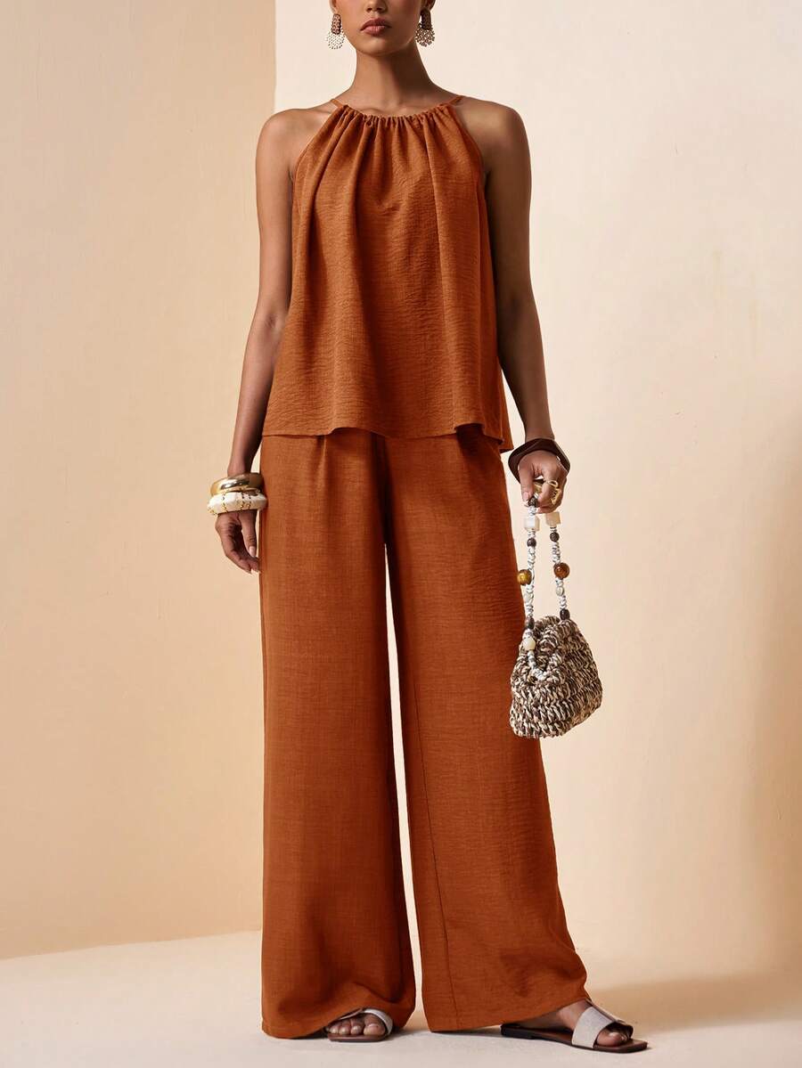 Zivah Women's Rust Brown 2-Piece Outfit,Elegant Summer Vacation Holiday Set,Halter Neck Ruched Loose Top & Ruched Wide Leg Pants With Real Pockets,Bamboo - Redwood - View 1