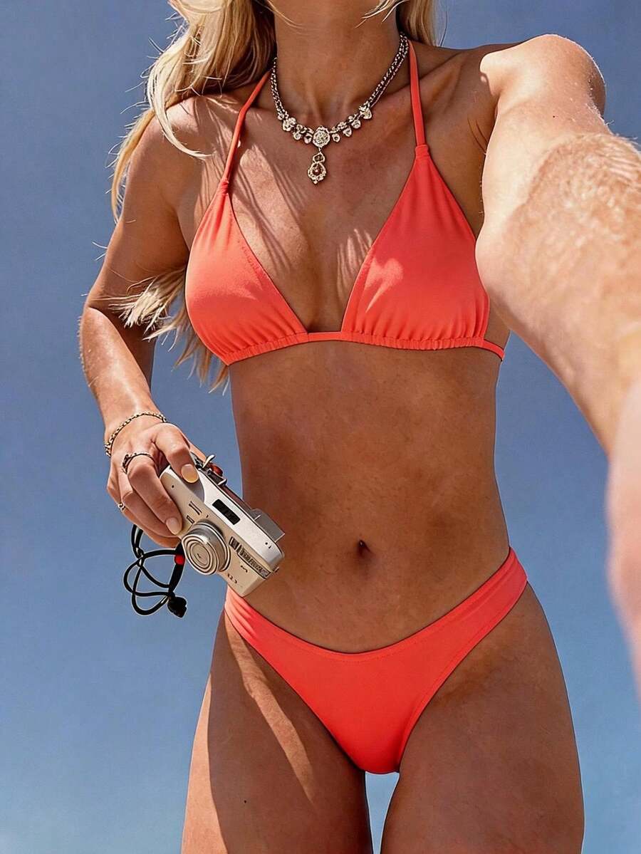 Swim Mod Women's Solid Color Halter Bikini Set, Summer Beach Vacation - Burnt Orange - View 1
