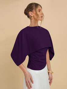 COSMINA Women's Summer Fashionable Solid Color Batwing Sleeve Fitted Blouse - Purple - View 5