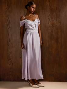 COSMINA Women's Contrast Lace Lilac Off-Shoulder Elegant Romantic Sexy Dress Bridesmaid Birthday Anniversary Wedding Golf Date Night Party Summer - Mauve Purple - View 7