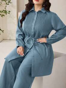 Modelyn 大码女式纯色褶皱腰带衬衫和阔腿裤休闲两件套 - 藍色 - 查看 5