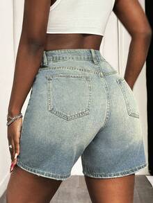 Slaydiva Women's Solid Color Simple Denim Shorts - Blue - View 2