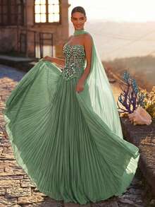 Glamrae Đầm chiffon cao cấp, sang trọng, thanh lịch, đính sequin, thiết kế cúp ngực, eo thấp, chân váy rộng, khăn choàng rời với tay áo dài loe rộng, thêu hạt cườm thủ công, dây buộc điều chỉnh, phù hợp cho mọi dịp trang trọng, đầm dạ hội trang trọng. - màu xanh lá - Xem 8