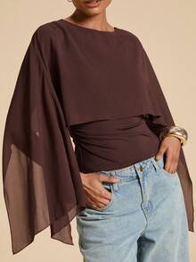 Travachic Áo kiểu nữ mặc thường ngày đi du lịch, màu trơn, tay choàng poncho, xếp ly, dáng ôm, thanh lịch, áo top mùa hè - màu nâu - Xem 1