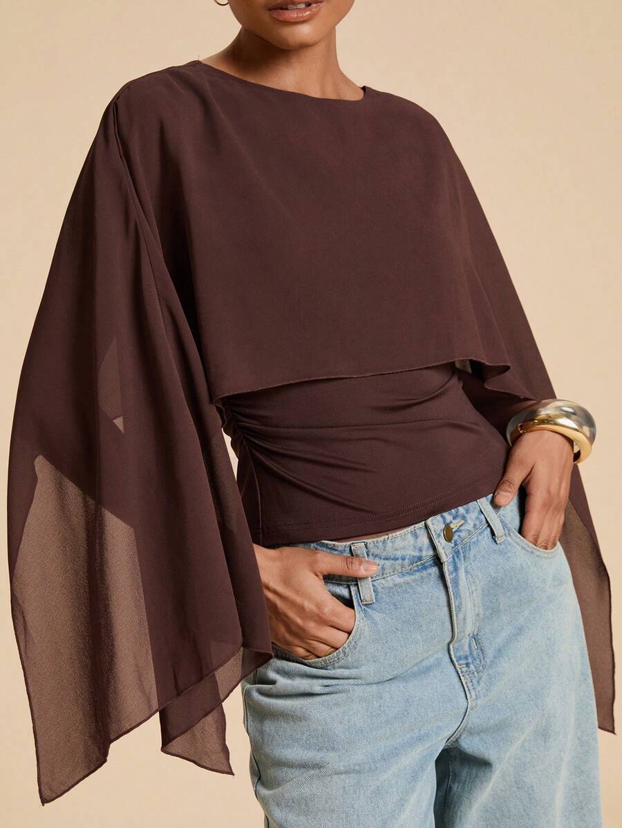 Travachic Áo kiểu nữ mặc thường ngày đi du lịch, màu trơn, tay choàng poncho, xếp ly, dáng ôm, thanh lịch, áo top mùa hè - màu nâu - Xem 1