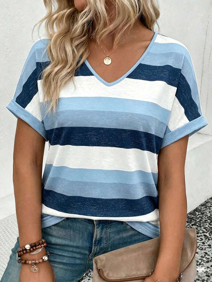 EMERY ROSE New Arrival Plus Size Women's Fashion Printed Striped V-Neck Versatile Colorful Retro Short Sleeve T-Shirt - Multicolor - View 1