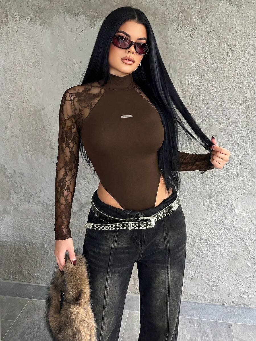 Dayanna Comas Women's Spring/Summer Music Festival Party Breathable Mesh Stretchy Bodysuit Jumpsuits,Valentine's Day - Brown - View 1