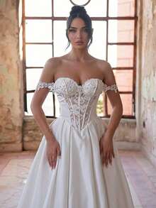 Glamrae Elegant Ivory Summer Wedding Bridal Gown,Off-Shoulder White Glossy Front Panel Spliced Pearl Lace Sheer Fishbone A-Line Skirt With Side Real Pockets - White - View 3