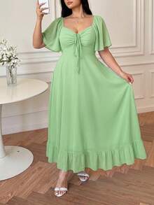 Vibekara Plus Size Casual V-Neck Ruffle Sleeve A-Line Dress, Elegant And Comfortable For Outings - Green - View 4