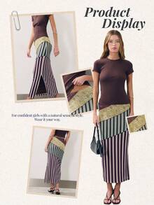 Nöista Patchwork Midi Skirt Features A High-Waisted, H-Line Silhouette With Unique Visual Impact From The Diagonal Design.Comfortable To Wear. - Multicolor - View 9