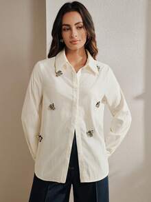 Anewsta Elegant French Style Rhinestone Decor White Blouse, Draping Versatile Chic Top - Apricot - View 3