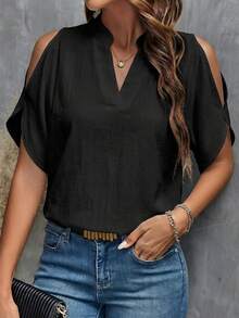 Clasi Blusa de camisa blanca con hombros descubiertos y manga dividida - Negro 3 - Ver 3