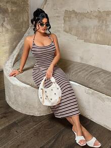 SHEIN SXY 条纹撞色串珠紧身度假连衣裙 - 粉色 - 查看 3