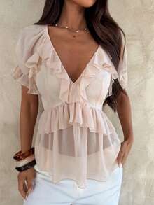 Aloruh Blusa bohemia con volantes para vacaciones de mujer - Marrón - Ver 4