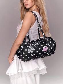 ROMWE Anime 1个黑白千禧辣妹学院风波点蕾丝翅膀音符徽章装饰蝴蝶结拉链多功能大容量手提包，Y2K时尚简约女士单肩包，适合日常休闲、上学、约会、旅行、购物等场合。 - 黑與白 - 查看 2
