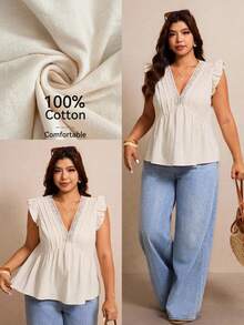 Elaquor Plus Size Women Summer Casual Vacation Solid Color V-Neck Contrast Lace Ruffle Armhole Fold Pleated Babydoll Top - White - View 1
